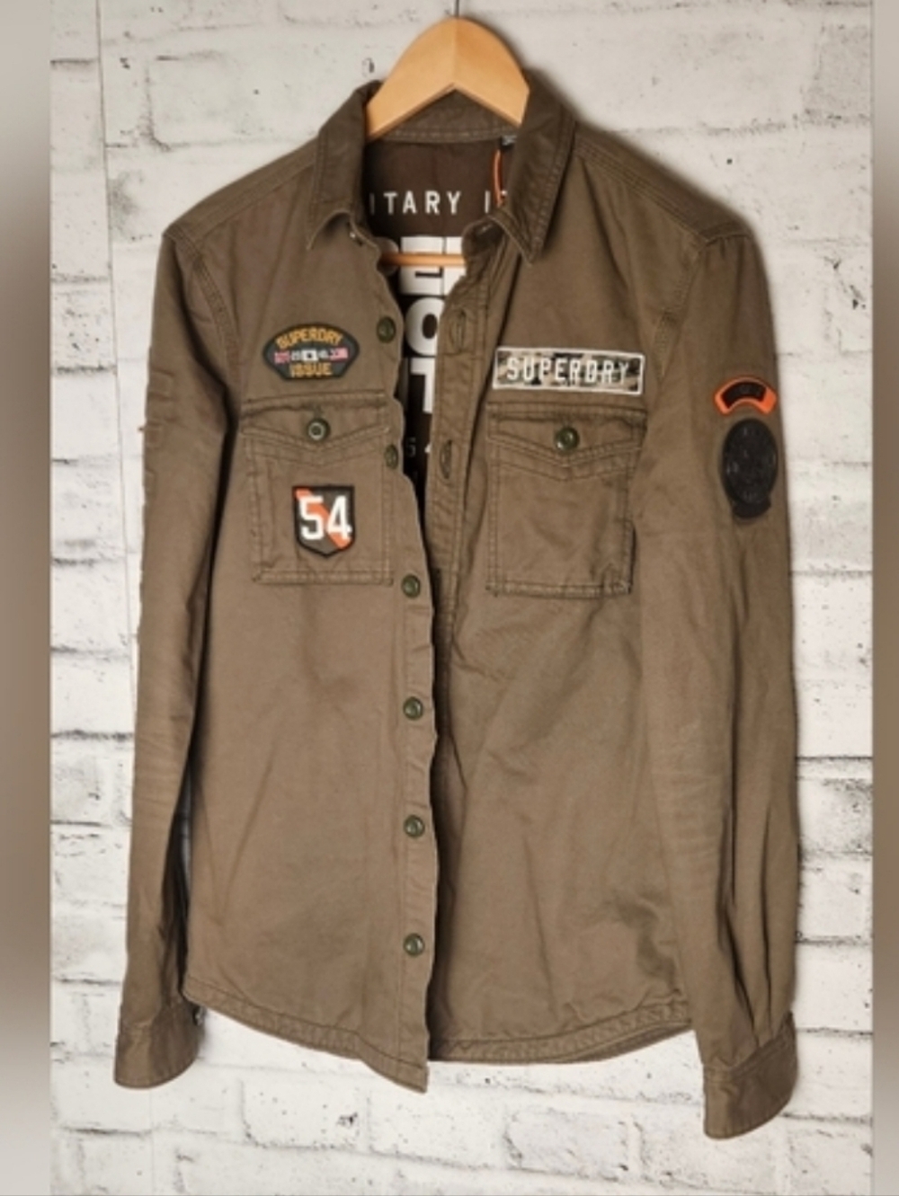 Superdry Military Shirt Jacket Army Green Patch Button Front Small - NWT